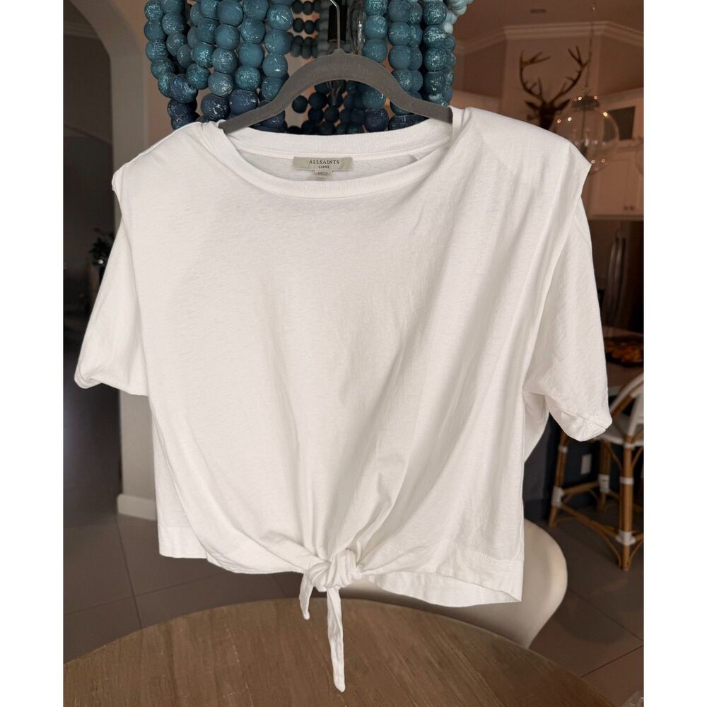 AllSaints Coni Tie Tee White Cotton Padded Shoulder Tie Front Top Size L